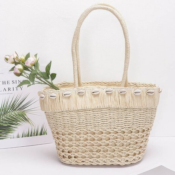 Faux Straw Shell Tote Bag